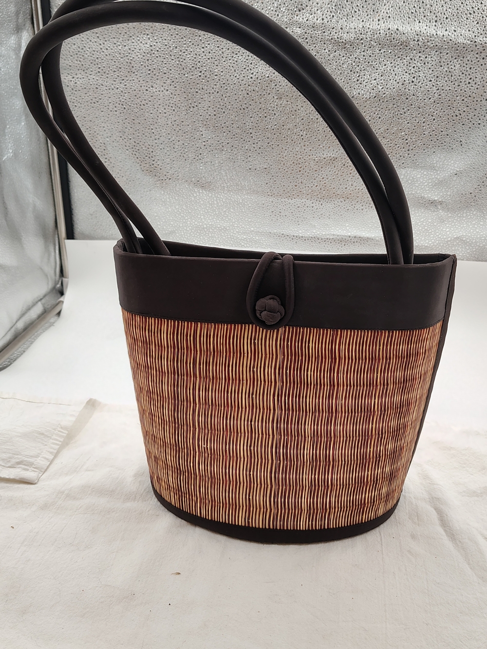Woven Straw Tote with Dark Brown Trim and Handles